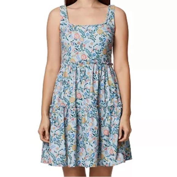 BCBGeneration Square Neck Mini Dress Women's 12 Geo Floral Ruffled Zip Closure - Picture 12 of 14